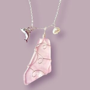 Handrafted Wire Wrapped 925 Silver Necklace with Pink Sea glass Stone Pendant